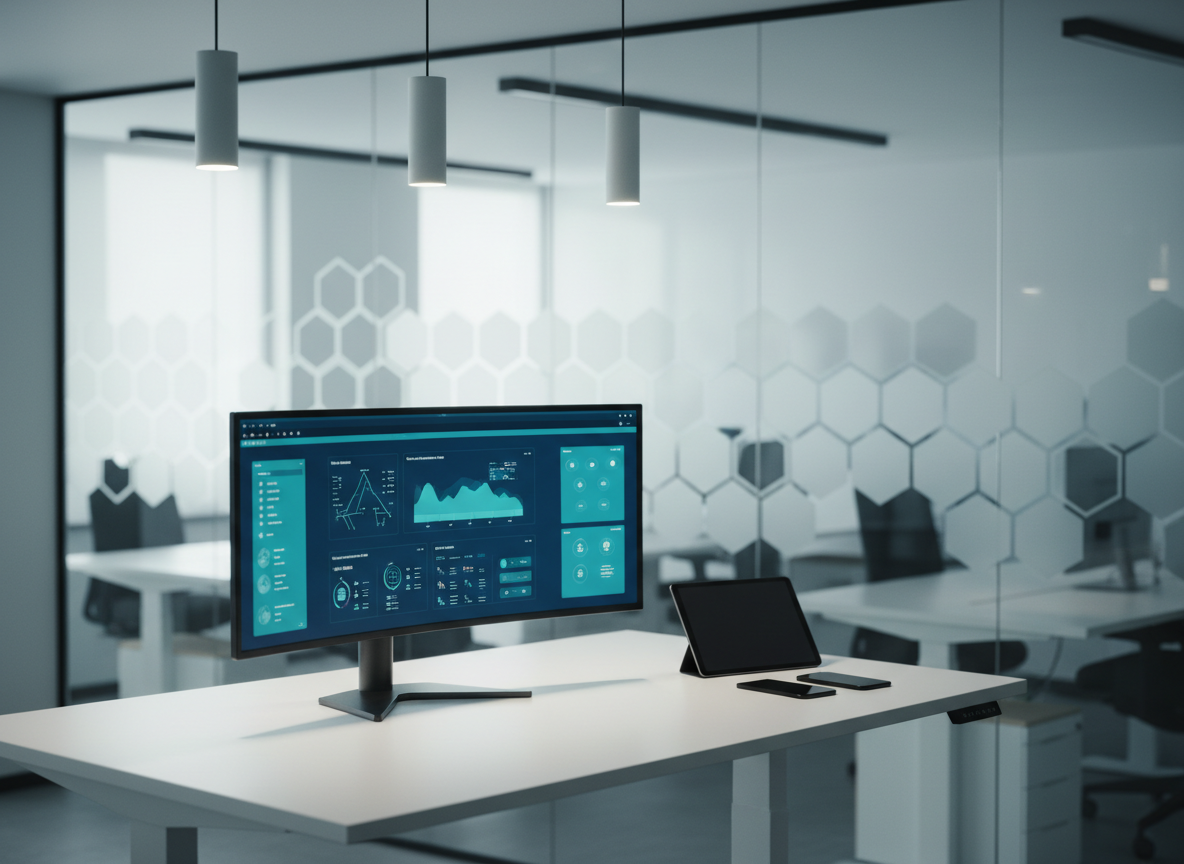 A bright, minimalist co-working space corner representing entrepreneurship in healthcare: a white standing desk with a slim, ultra-wide monitor showing a blurred interface of health-tech dashboards in turquoise and navy tones. Next to the monitor lies a closed tablet and a smartphone aligned perfectly parallel, both with matte black finishes. The background features a glass partition with a frosted geometric pattern, hinting at additional workspaces beyond. Overhead, soft, cool-toned pendant lighting illuminates the scene evenly, producing crisp reflections on the glass and subtle shadows under devices. Captured at eye level with a wide aperture, the foreground is in sharp focus while the glass wall softly blurs. The mood is innovative, forward-looking, and disciplined, with a clean, photographic realism and corporate aesthetic that suggests structured, technology-driven solutions for community health.