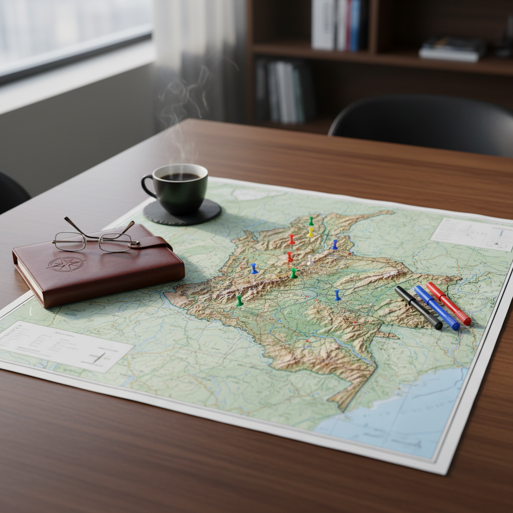 A symbolic composition of regional commitment: a detailed topographic map of a Colombian region spread across a smooth, dark wood table, with colored pins and fine-tip markers neatly arranged along one side. Beside the map rests a closed leather-bound planner in deep chestnut, embossed with a subtle compass icon, and a pair of thin-framed reading glasses folded carefully on top. A small ceramic cup of black coffee with a matte finish sits on a slate coaster, adding warmth. Soft morning light from an unseen window washes across the scene, creating gentle contrast and a calm, focused atmosphere. Photographed from a slightly elevated angle with moderate depth of field, the scene balances precision and warmth, expressing strategic regional planning, leadership, and long-term vision in a clean, modern, corporate photographic aesthetic.