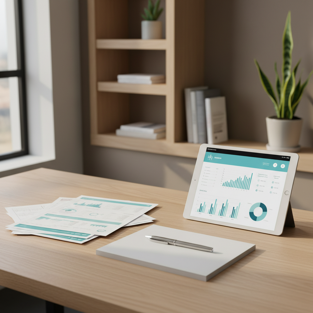 An organized consultation table in a contemporary clinic office, featuring high-quality printed medical charts, a tablet displaying a clean data dashboard in cool blues and teals, and a stainless-steel pen aligned precisely beside a minimalist notepad. The table is a light oak surface with subtle grain, set against a neutral taupe wall with built-in shelving holding neatly arranged medical books and a single green plant for a touch of life. Soft, diffused afternoon light enters from the left, creating delicate highlights on the tablet screen and gentle shadows along the paperwork. Captured from a slightly elevated angle with a shallow depth of field, the background softly blurs to maintain focus on the tools. The mood is analytical yet humane, suggesting evidence-based practice and thoughtful, structured patient care in a clean, photographic style.